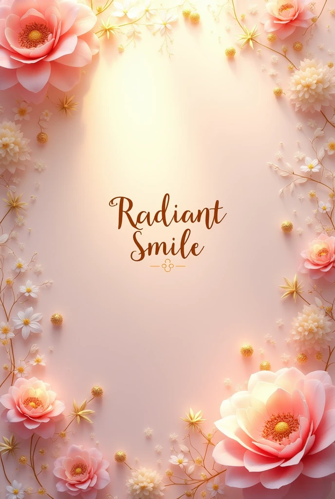 a music album with delicate and lovely details, with some flowers and gold details, with the title "Radiant smile" in gold. the title font is delicate and well-designed and the flowers decorating the album are in light and soft colors.