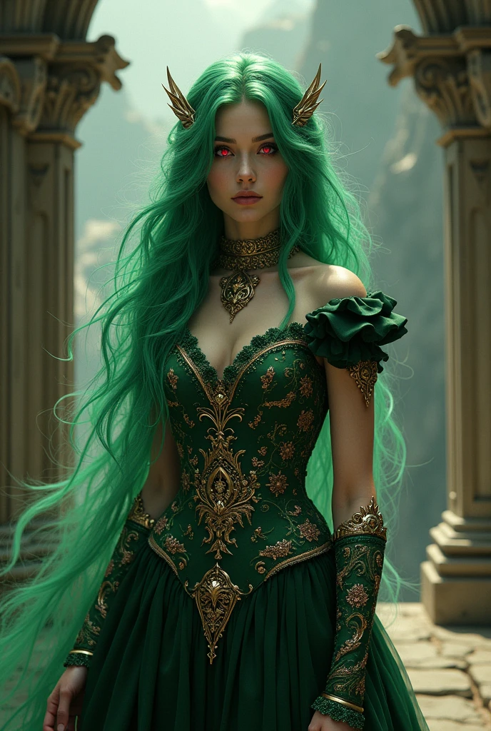 A woman with green hair and red eyes, dressed in a medieval noble outfit. 