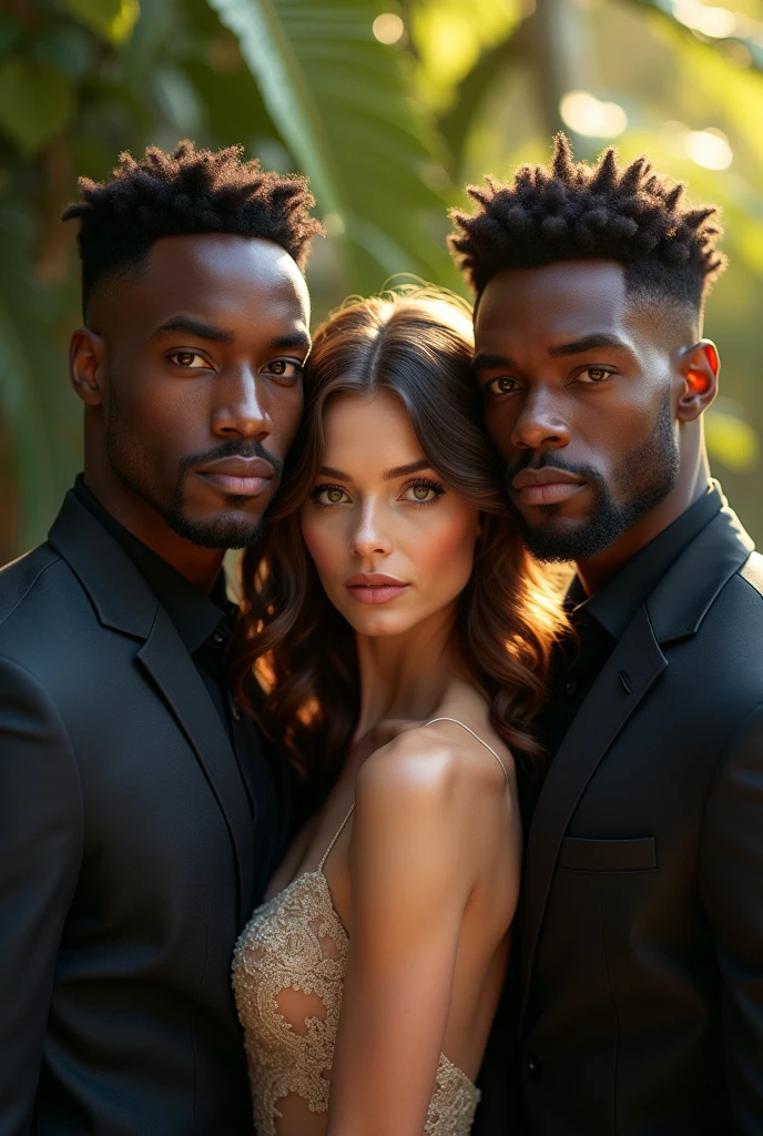 Two identical twins handsome fairly black men between them there is a beautiful faitly black girl
