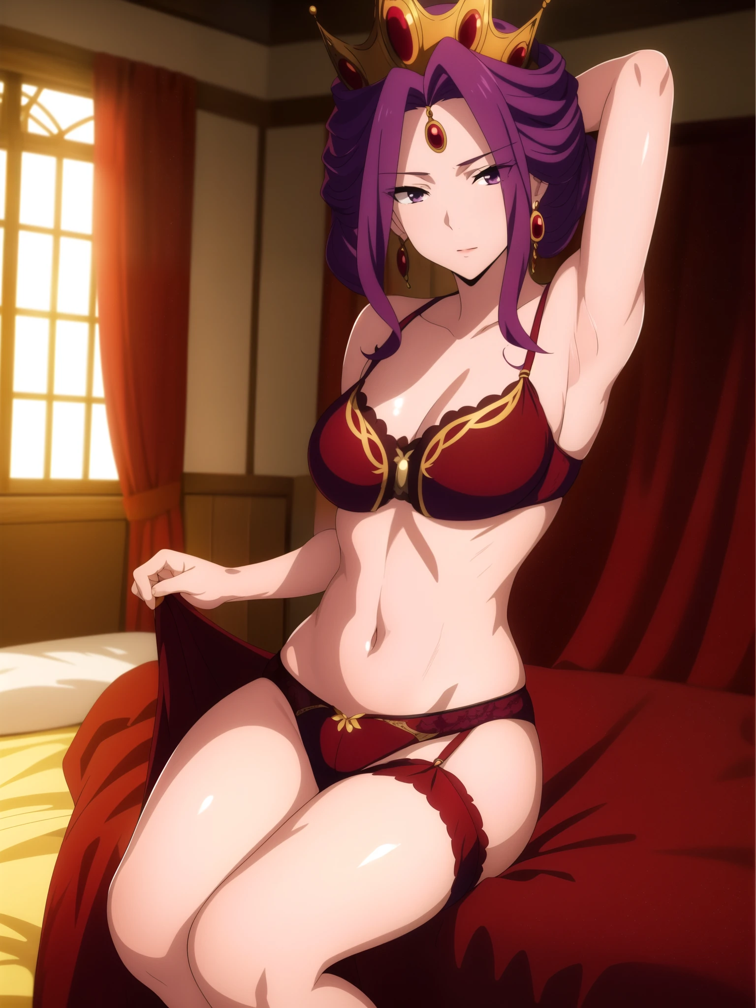 Armpit Show,indoor,Bedroom,
Sitting on the bed,
Exposing shoulders, barefoot, chestの谷間, clavicle,race,Red Lingerie,belly button,Red panties, Bare arms,
See through,Thighs,Red underwear, Garter Straps,Knee socks,I rode it a lot,Garter belt with red pantyhose,
purple_hair, purple_eye, 前hair,jewelry, Earrings,Gold crown,
1 girl, 20-year-old,young woman,beautiful Finger,beautiful long legs,beautiful body,
beautiful Nose,beautiful character design, perfect eye, perfect face,expressive eye,
View your viewers, Center the image,(upper_body),(Focus on her face),
Official Art,Very detailed CG ユニティ 8k 壁紙, Perfect lighting,colorful, bright_front_face_Lighting,Glowing Skin,
(masterpiece:1.0),(Highest_quality:1.0), 超High resolution,4K,Very detailed,
photograph, 8k, High resolution, High resolution, Absurd:1.2, 400 for Kodak Port, Film Grain, Blurred Background, Bokeh:1.2, Lens flare, (Vibrant_color:1.2)
(beautiful,chest), (beautiful_face:1.5),(narrow_Waist),