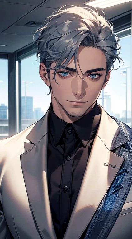 (best quality,4k,8k,highres,masterpiece:1.2),ultra-detailed,(realistic,photorealistic,photo-realistic:1.37),1 man,31 years old,mature man,very handsome,without expression,smile,short grey blue hair,blue eyes,penetrating gaze,perfect face without errors,imposing posture,businessman,office background,cinematic lighting,hdr image