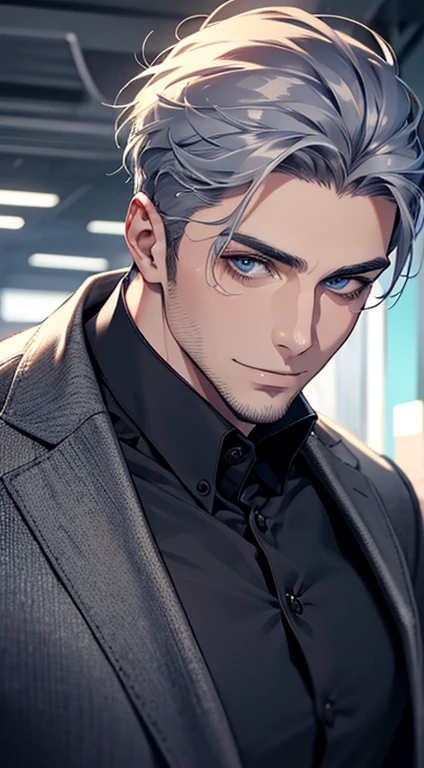 (best quality,4k,8k,highres,masterpiece:1.2),ultra-detailed,(realistic,photorealistic,photo-realistic:1.37),1 man,31 years old,mature man,very handsome,without expression,smile,short grey blue hair,blue eyes,penetrating gaze,perfect face without errors,imposing posture,businessman,office background,cinematic lighting,hdr image