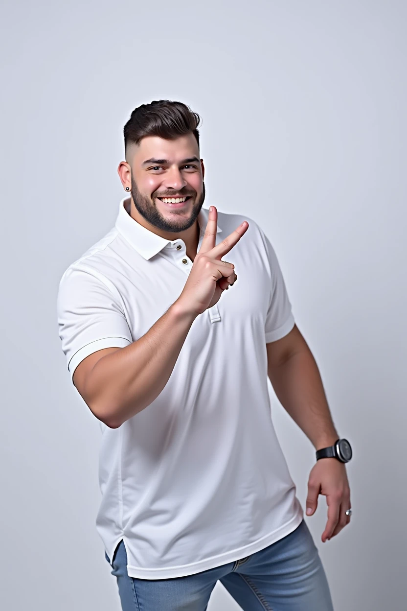 make a man happy with short fade haircut, with a white polo collar shirt with buttons on the front, making the sign of 2 with the fingers of the right hand , white background, tom, Pixar-style, ..3d, Cartoon s, face detailed, asymmetric 16k

