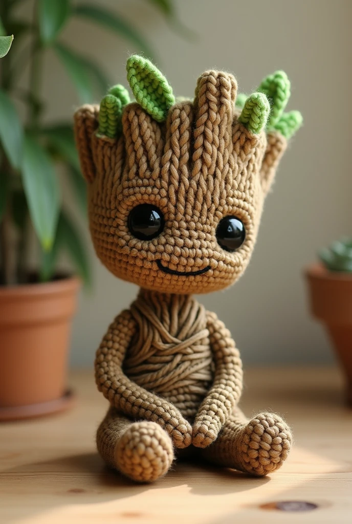 Crochet Groot sitting down to be a small Groot like a Hilloly Groot figure 