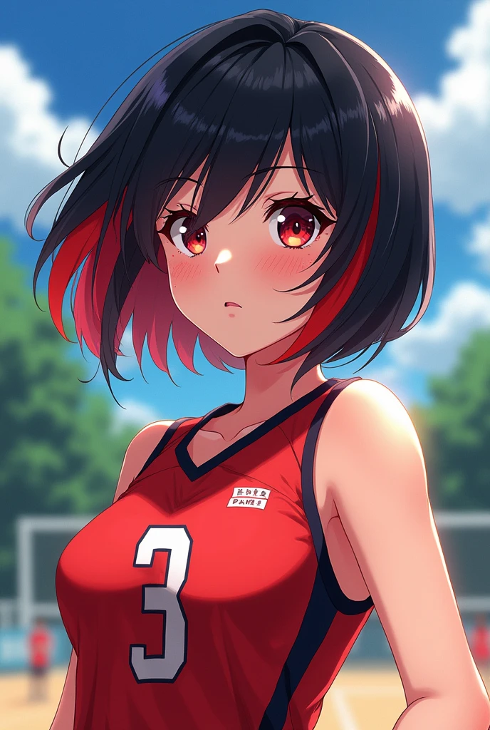 Create a female Haikyuu oc, black hair with short red highlights, freckles and red eyes