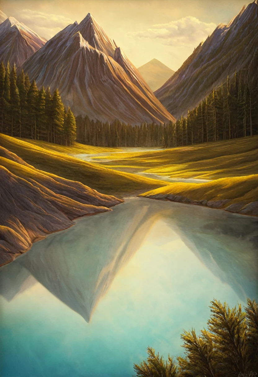 impressive painting of a mountain with trees and water, a detailed painting by Petros Afshar, shutterstock contest winner, environmental art, detailed painting, outlined art, 2d game art, isolated background for logo, strong contours, logo design
