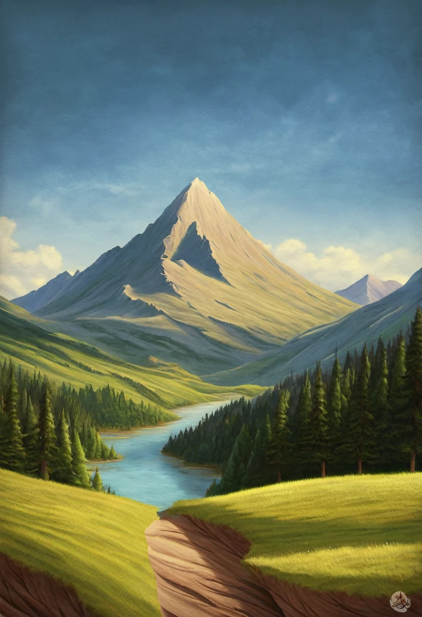 impressive painting of a mountain with trees and water, a detailed painting by Petros Afshar, shutterstock contest winner, environmental art, detailed painting, outlined art, 2d game art, isolated background for logo, strong contours, logo design