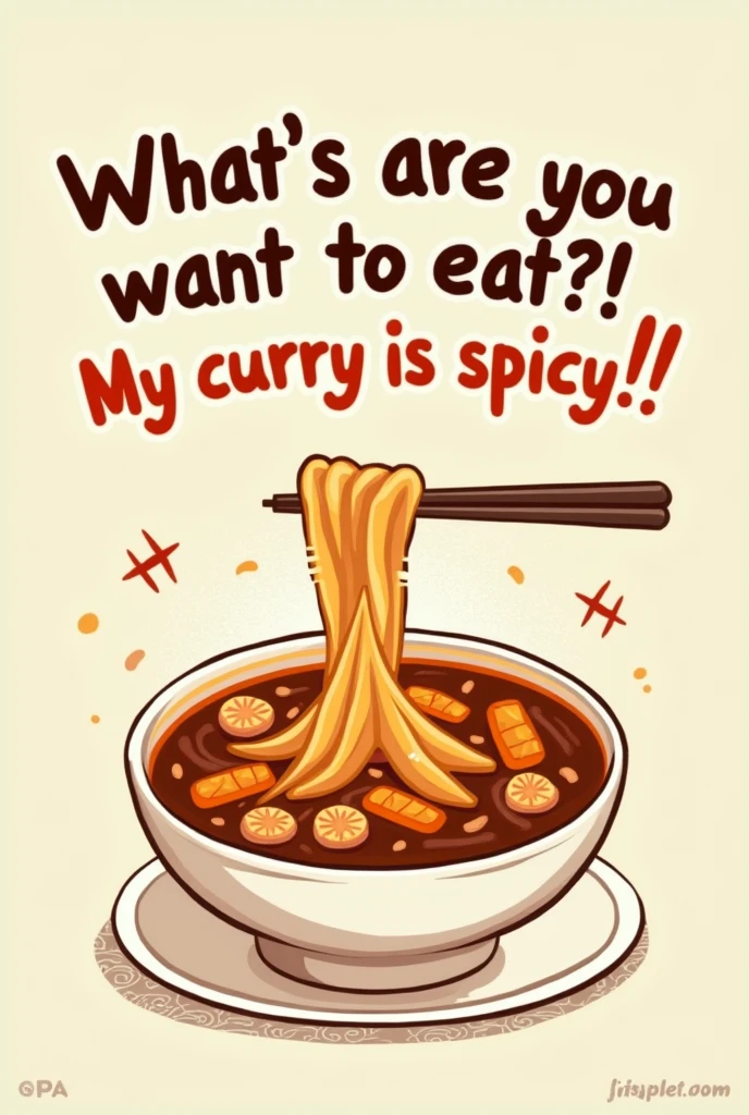 Typography Poster、"What do you want to eat??It's curry.!My curry is spicy!!!"、Cool posters、simple、Pop characters