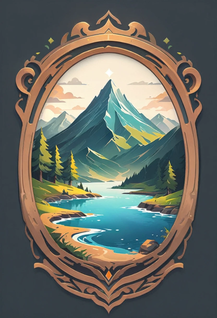 impressive painting of a mountain with trees and water, a detailed painting by Petros Afshar, shutterstock contest winner, environmental art, detailed painting, outlined art, 2d game art, isolated background for logo, strong contours, logo design