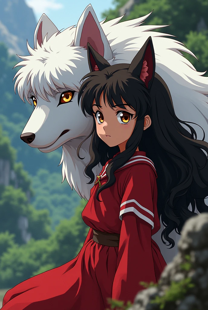 I want a girl who is about , very curly brown hair, dark brown skin, short brown eyes with cat ears that is with Inuyasha from Inuyasha