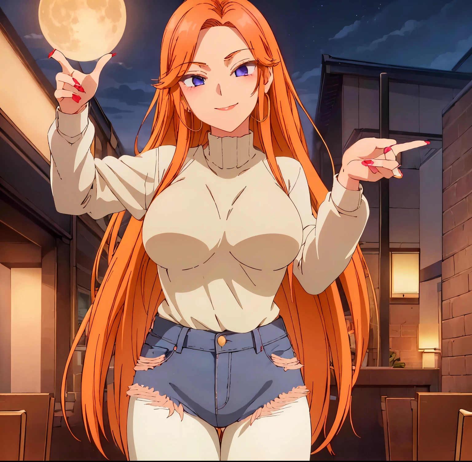 ((1girl)),((alone)),Mai fuyuki,(masterpiece), (best quality), (ultra detailed), (best illustration), (best shadow), (absurdities), sharp focus, cowboy shot ,atmospheric perspective, depth of field, dynamic posture looking at the viewer, large breasts, narrow waist, wide hips, wide thighs, round butt, erotic, romantic, (very detailed eyes, lips 1.1), very detailed eyes, eyes, very face detailed, very beautiful face, full height, beautiful slim figure, femininity, expressive appearance, elastic big breasts, sexuality, purple eyes, orange hair, long hair, breasts, between the breasts, earrings, jewelry, turtleneck, smile, big breasts , nail polish, red nails, hoop earrings, nails, lipstick, makeup, long nails, lips,((white blouse:1.4)) ,((long sleeve:1.3)),((neckline:1.4)), ((exposed waist:1.5)),navel,((denim jeans:1.4)),((tight jeans:1.4)),long underwear:1.3,((black heels,medium breasts,long sleeves,side locks , curves, defined body, Perfect and beautiful body, perfect and beautiful, closed mouth, smile, happy smile, blushing, (sexy pose: 1.2), ((solo)), standing: 1.3,(( Cityscape: 1.5, Japanese metropolis: 1.5, streets: 1.5, sunset: 1.5, clouds: 1.3, night: 1.4, moon: 1.4)),looking forward,((focus on hips )), point of view: (from below), perfect anatomy, perfect hands