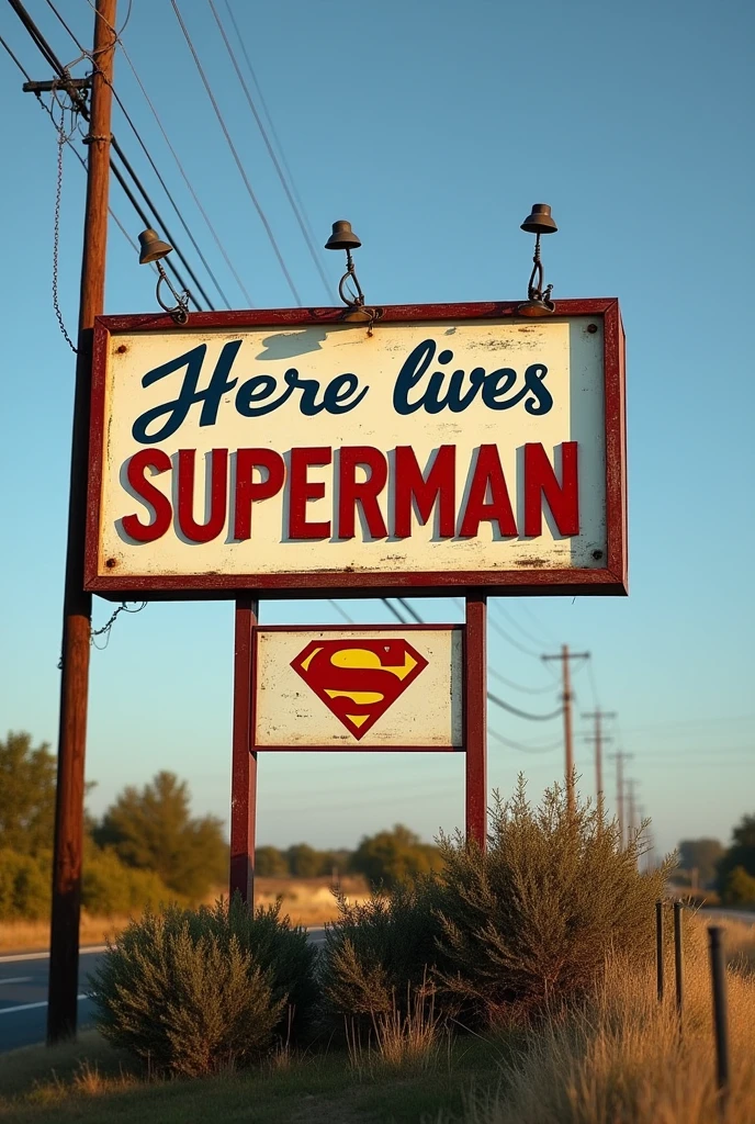 a roadside advertisement where you flirt "Here lives Superman" and add your logo, The announcement is like those welcoming people to the towns in the USA, The advertisement is traditional with nice letters, handwritten, It has some inferior lamps , It has bushes around it