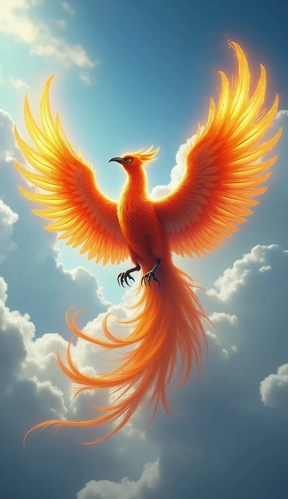 A phoenix spreading its wings and flying gracefully high in the sky