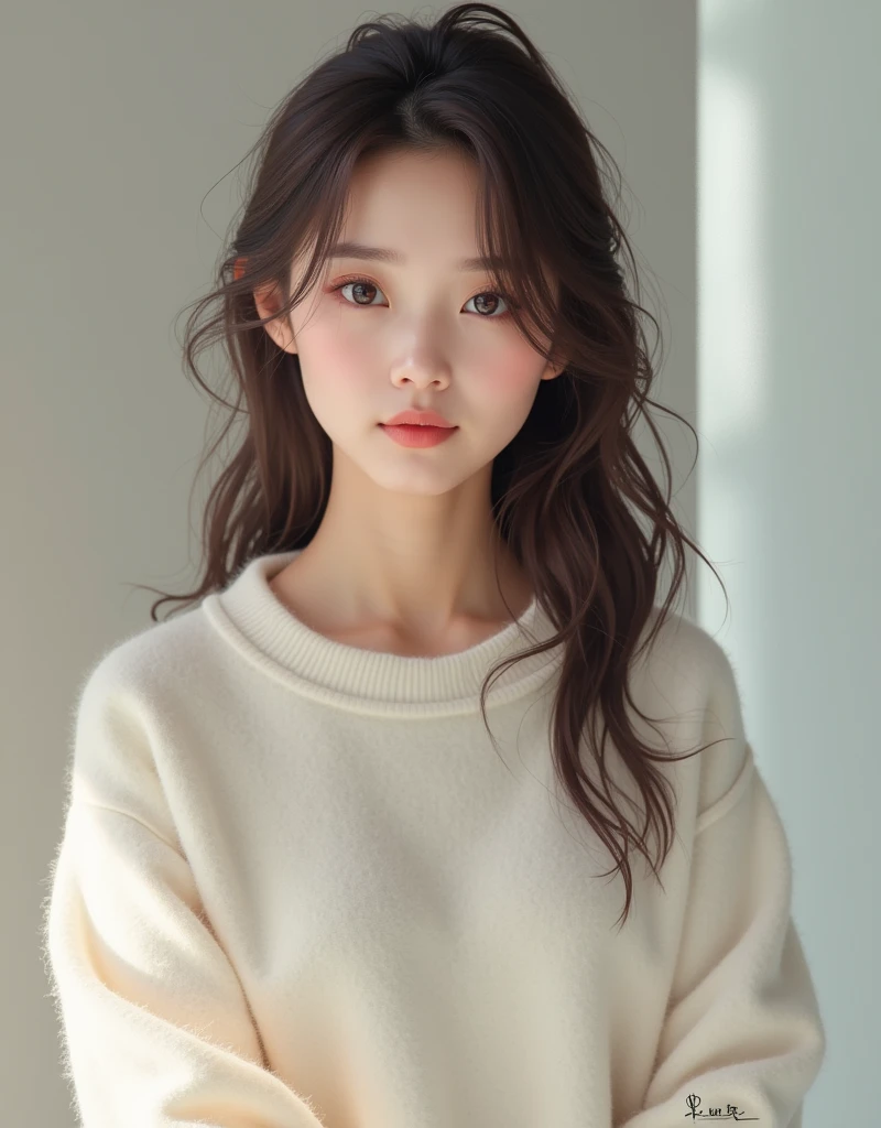 1female, asian, charming, masterpiece, white sweater, 24 years old, natural,