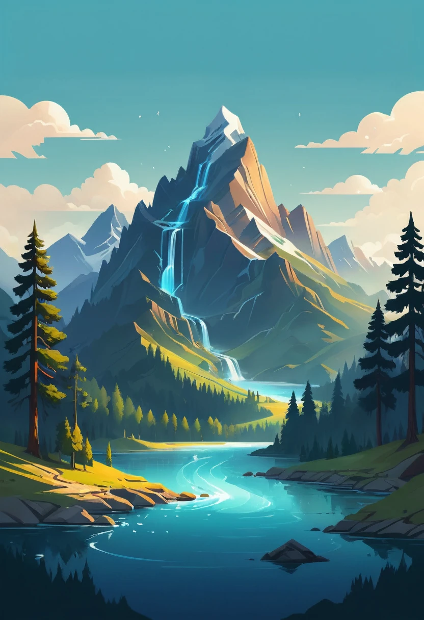impressive painting of a mountain with trees and water, a detailed painting by Petros Afshar, shutterstock contest winner, environmental art, detailed painting, outlined art, 2d game art, isolated background for logo, strong contours, logo design