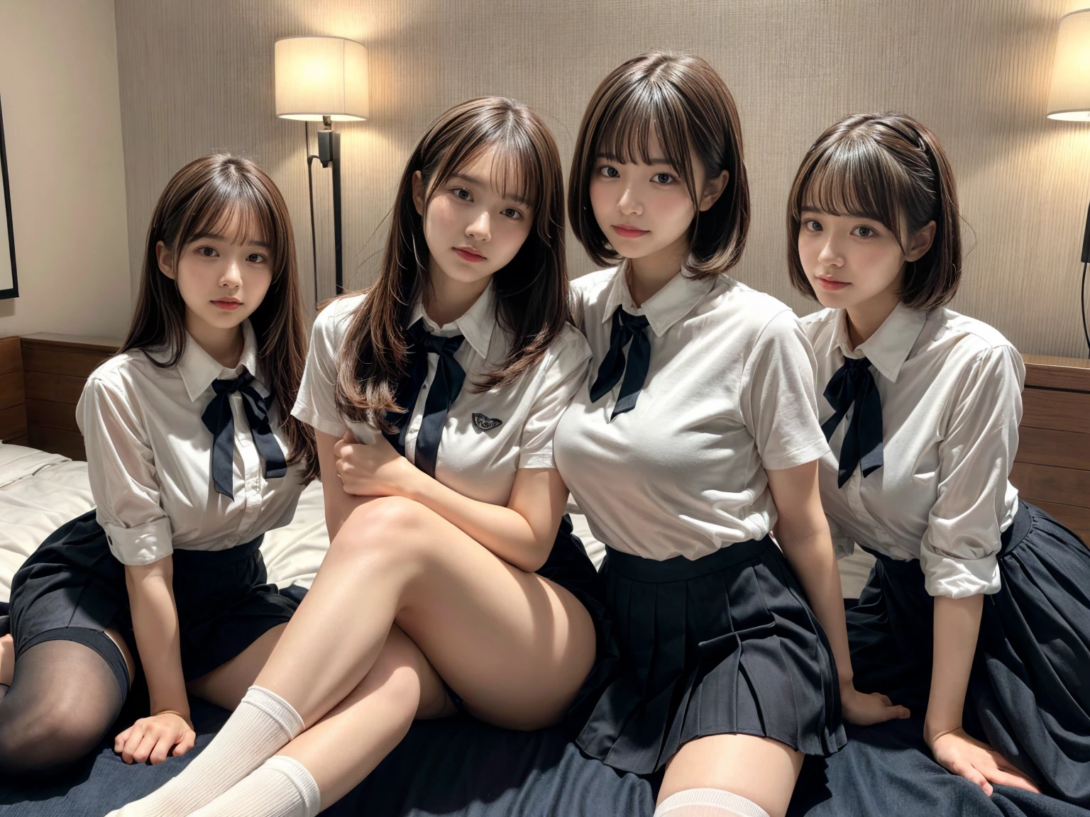 masterpiece, best quality, illustration, Super detailed, fine details, High resolution, 8K,wall paper, perfect dynamic composition,(Details High quality, realistic depiction of eyes:1.3), (3 girls), (collared shirt:1.1), pleated skirt, knee high socks, sitting, open legs, short bob hair, in a hotel room in the background, deep on field, large breasts, black hair color, Big Natural Color Lip, (perfect body shape), crying a little、Harajuku style、20 year old girl、cute type、beautiful legs, Gravure Idol