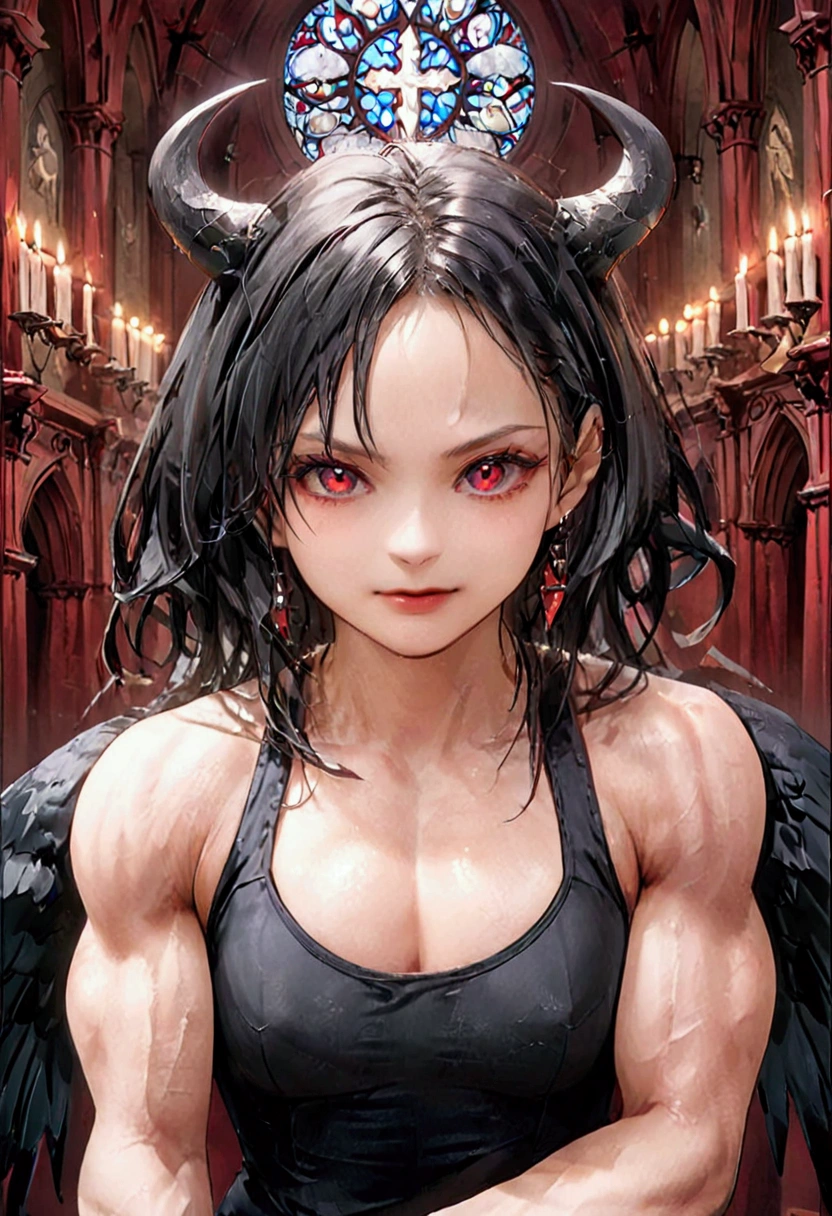 Sexy gothic girl, ((muscular size:1.2)) black hair, Shoulder length hair, red eyes, black lipstick, black nail, eyeliner, little sadistic smile, dark and deep look. Masterpiece, UHD, detailed. Into a satanic church