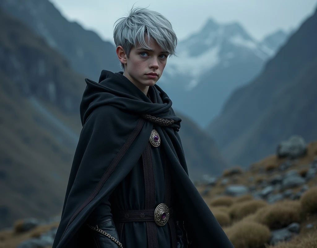 dark lord, a teenager half-elf boy with silver short hair and purple eyes, Dark wizard, A boy wearing a black long cloak, dark mountains, The One Ring