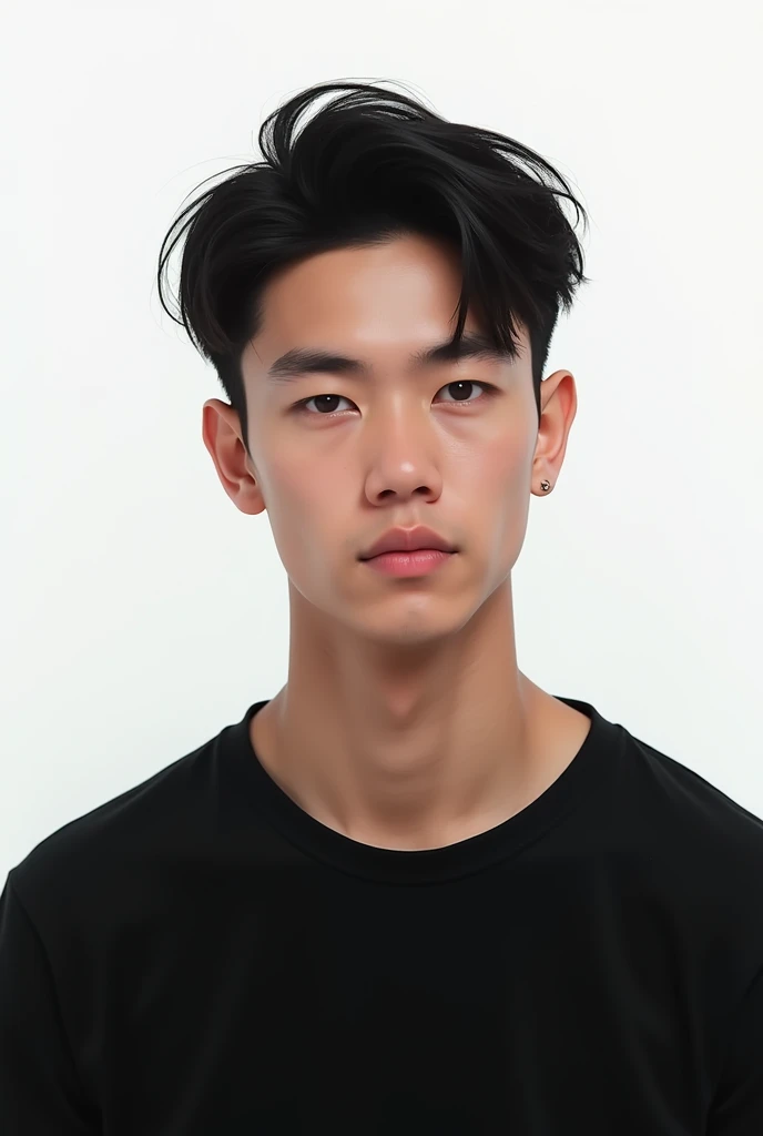 Young man wearing plain black unisex t-shirt, on a white background 