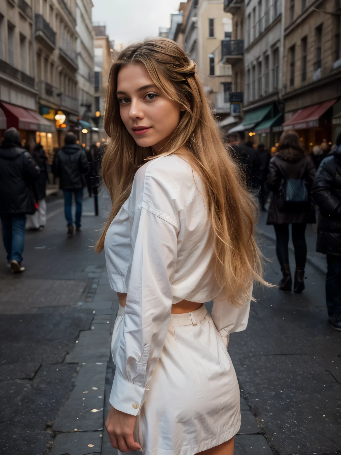 Une belle femme with shoulder-length blonde hair that cascades in soft waves, creating a natural, effortless look. Her hair catches the evening light, shimmering as the last rays of the winter sun strike her from behind, highlighting the golden hues within her locks. She stands in a bustling street in Paris at night, surrounded by the soft glow of streetlights reflecting off the snow-covered ground. The atmosphere is lively, with people moving in the background, bundled up in their winter attire, adding to the vibrant energy of the scene.

The woman, of average height with the classic hourglass figure (90-60-90), is dressed in a crisp, white button-up shirt that is fully closed, the clean lines of the garment contrasting beautifully with her clear, fair skin. Her large blue eyes, full of depth and expression, draw attention immediately, enhanced by the soft cinematic lighting that creates a gentle, serene glow on her face. Her lips are adorned with light pink lipstick, adding a subtle touch of color that complements her overall natural beauty. She smiles, revealing her teeth, a genuine expression that conveys warmth and contentment, her face naturally serene despite the bustling environment around her.

The scene is captured with incredible detail, the texture of her skin and the softness of her hair rendered in 8K quality, making every detail stand out with photorealistic precision. The snowy Parisian street, bathed in the warm, diffused light of the streetlamps, creates a magical, almost cinematic backdrop for this portrait. The sharp focus and HDR processing ensure that both the subject and the environment are captured with stunning clarity, making this image a true masterpiece, worthy of an award-winning photograph.