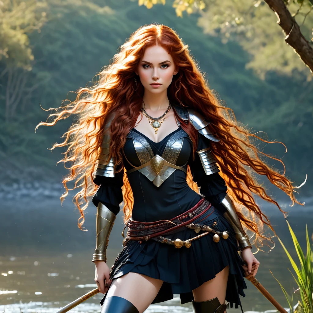 a full body image of Nayane Laura Menequel XX weeks , a beautiful young woman with a friendly warrior appearance, detailed light honey eyes, long red hair, wearing black boots, she is in a heron pose