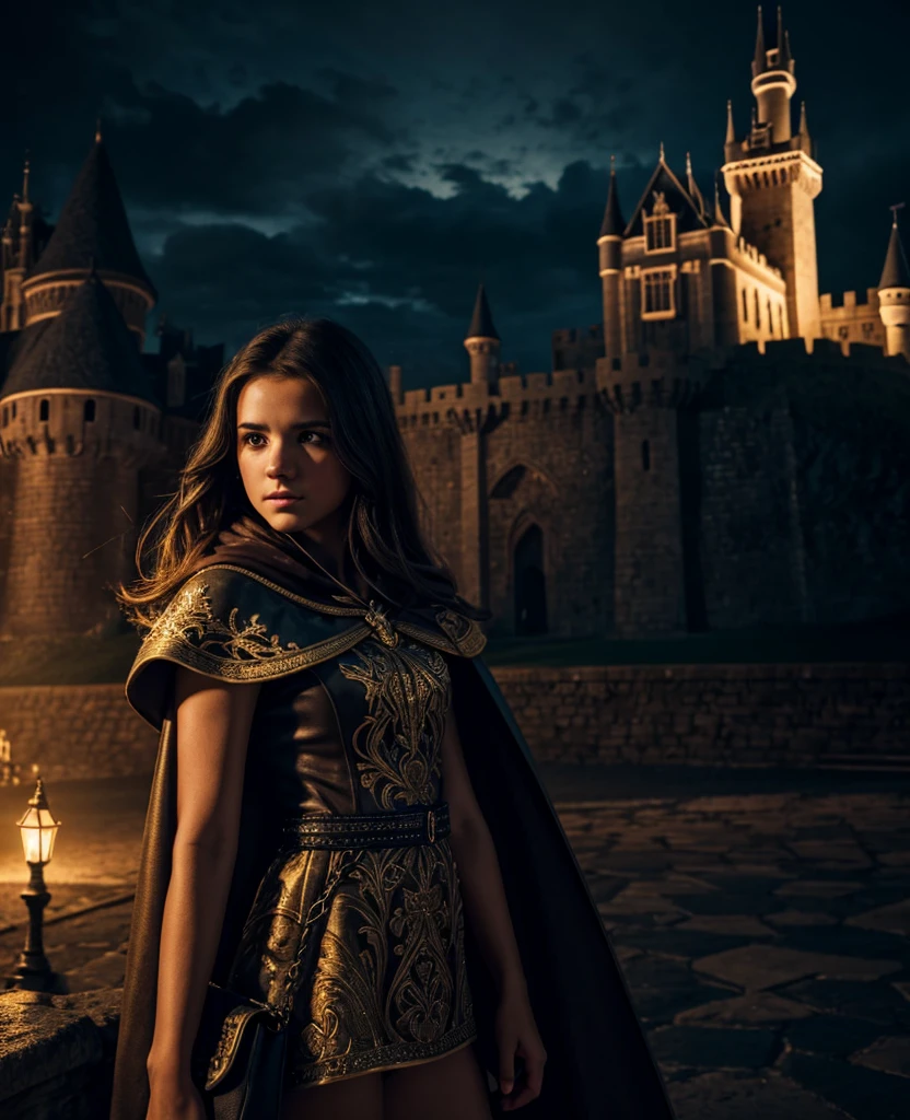 a beautiful girl standing in front of a castle at night, detailed face, puffy short sleeves, cape, bag, detailed background, cinematic lighting, fantasy, intricate details, highly detailed, 8k, photorealistic, masterpiece, dramatic lighting, moody atmosphere