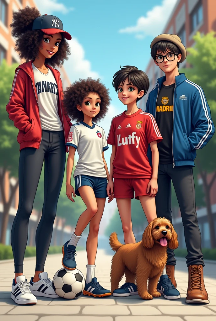 Tall girl Yankees cap curly hair sport shirt tight pants Adidas shoes, next to a curly-haired girl wearing a Madrid number 10 shirt, Adidas cleats and a soccer ball on her foot, next to a young man wearing a Luffy shirt and Adidas Forum shoes, and next to him a man with green eyes wearing a beret and reading glasses, wearing a blue jacket and Harley boots, next to him a small brown dog