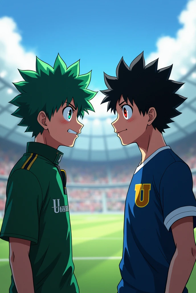 Two Izuku Midoriyas facing each other in a stadium, one of them is common and the other has black hair and red eyes but is a copy of the other, they are in an arena, but make one of them with black hair and red eyes 