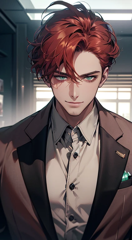 (best quality, masterpiece, 8K, photorealistic, cinematic lighting, hdr image, ultra detailed, beautiful image), a mature man, very handsome, smile, short grey red hair, green eyes, perfect face without errors, ((buttoning the jacket, CEO))