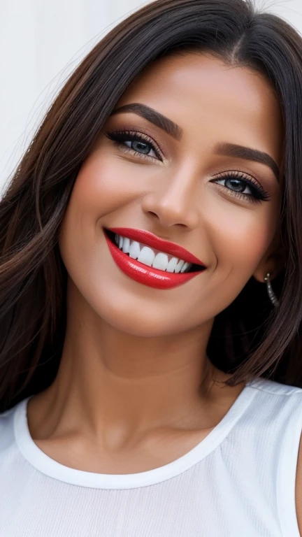 Mulher sexy35 anos com seios grandes vestido decote profundo vestido moderno de várias cores top longo aberto com clipe de garra de lona cabelo bagunçado DDD peito grande seios super grandes pele bronzeada hiper realista,ultra HD,sorriso perfeito dentes brancos como a neve,,,,,,,,,,,full hd realistic hipr image,,,,, ,,,,, ,,,,,, style makeup close-up the shimmering blue eyeshadow completes her peach blush and vibrant red lipstick the skin has a flawless and radiant finish with lighting that accentuates the makeup and natural beauty.. perfect smile, white teeth