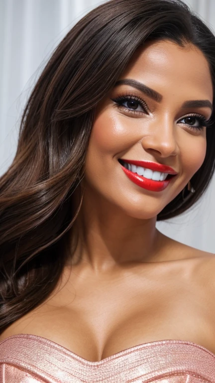 Mulher sexy35 anos com seios grandes vestido decote profundo vestido moderno de várias cores top longo aberto com clipe de garra de lona cabelo bagunçado DDD peito grande seios super grandes pele bronzeada hiper realista,ultra HD,sorriso perfeito dentes brancos como a neve,,,,,,,,,,,full hd realistic hipr image,,,,, ,,,,, ,,,,,, style makeup close-up the shimmering blue eyeshadow completes her peach blush and vibrant red lipstick the skin has a flawless and radiant finish with lighting that accentuates the makeup and natural beauty.. perfect smile, white teeth
