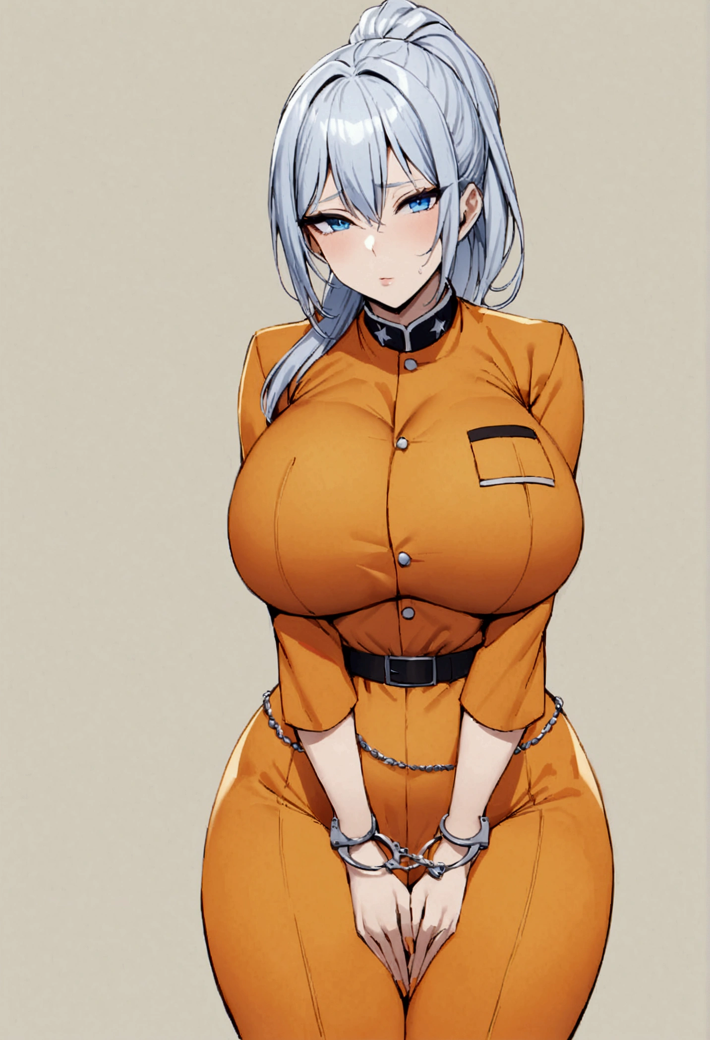 ,orange jumpsuit, uniform, orange pants,Waist Chain, Hands tucked in between thighs, arms tucked in between thighs, Handcuffs, big breasts, long silver hair, blue eyes, milf, ponytail 