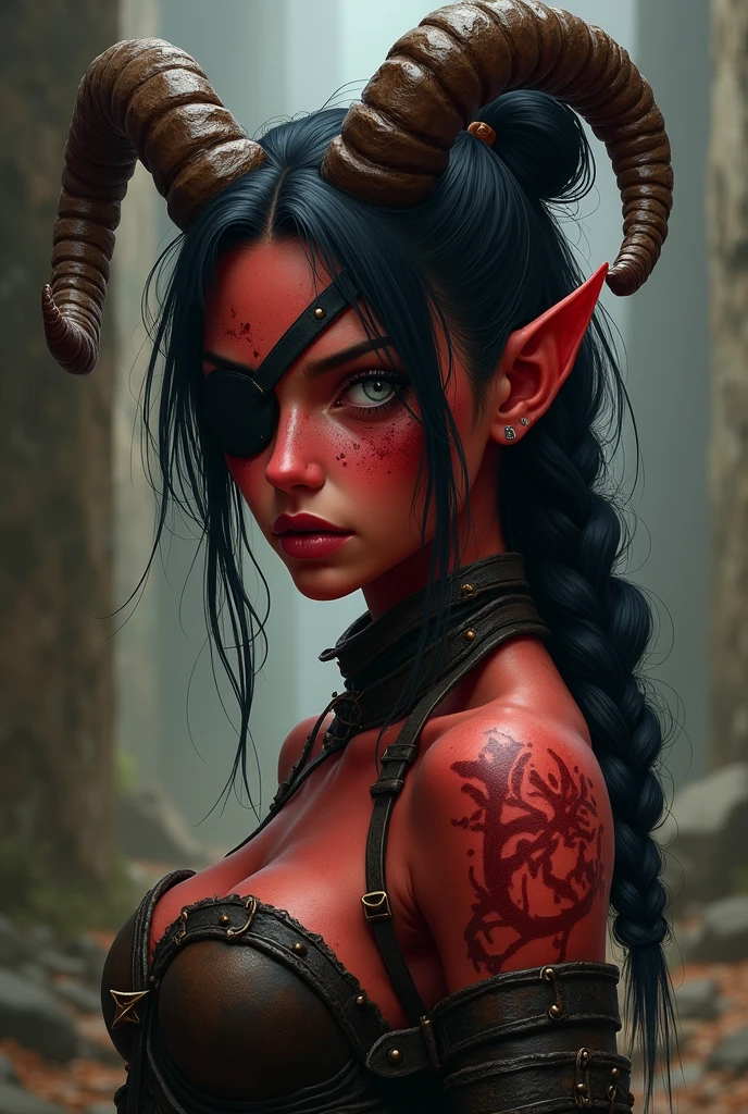 ((Mediovale)), ((medium shot)), uma mulher Tiefling, reddish skin, ram horns, broken left horn, Bblack hair, hair tied in a bun, hair shaved on the sides, two braids on each side of the bangs, white eyes without scruff, eye patch on the left side, scar under the eye patch, scar on the lips on the right side, leather armour.