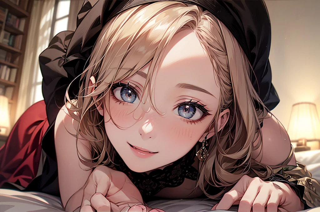 (Biologically correct limb count)、Full body, including face、4K、masterpiece、Focus on the face、Well-proportioned facial features、Delicate descriptive eyes、Beautiful woman、Excellent style、(head band、red gothic dress、High heels)、(smile)、(Close-up photo of the upper body)、look up、Photos with white borders、Looking into the camera、Lie down in bed、