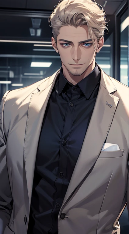 (best quality,4k,8k,highres,masterpiece:1.2),ultra-detailed,(realistic,photorealistic,photo-realistic:1.37),1 man,31 years old,mature man,very handsome,without expression,smile,short grey golden hair,blue eyes,penetrating gaze,perfect face without errors,imposing posture,businessman,office background,cinematic lighting,hdr image