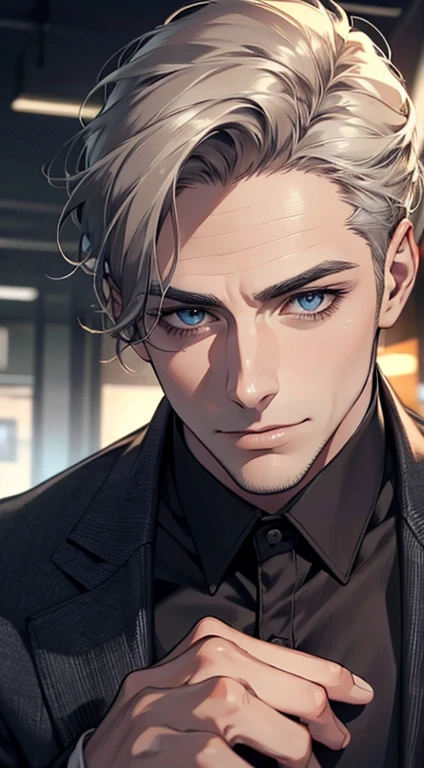 (best quality,4k,8k,highres,masterpiece:1.2),ultra-detailed,(realistic,photorealistic,photo-realistic:1.37),1 man,31 years old,mature man,very handsome,without expression,smile,short grey golden hair,blue eyes,penetrating gaze,perfect face without errors,imposing posture,businessman,office background,cinematic lighting,hdr image