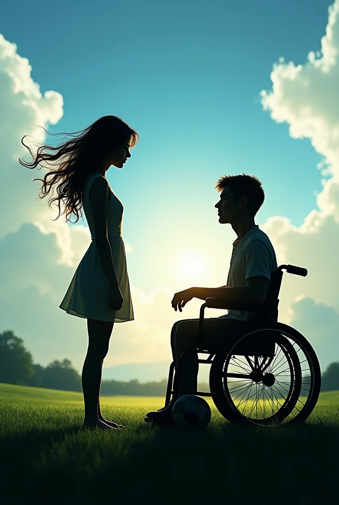 L'ombre en NOIR d'une jeune femme avec les cheveux détaches d'un jeune homme ayant le profil parfait en fauteuil roulant et qui se regardent sur un terrain de foot et  fond un beau ciel