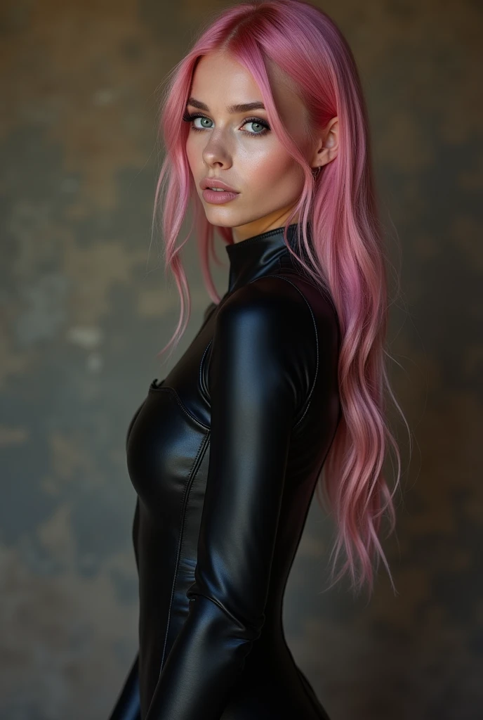 Full lenght, pink hair, narrow face, grey eyes, girl, 18 years old, slim figure, almond-shaped eyes, button nose, full lips, european appearance, ultra highly intricate detailed, black eyeliner, leather bodysuite, over knee boots, looking at the camera, professional photography, ultra sharp focus, very beautiful, naked