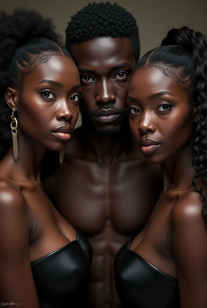 Two beautiful identical twins fairly black wimen between them there is a beautiful fairly black man