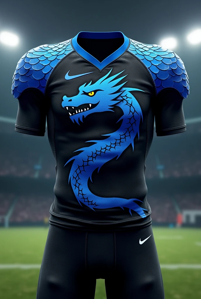 Football uniform without player, with black color ,with giant blue dragon ,Nike brand with dragon scale on the shoulder