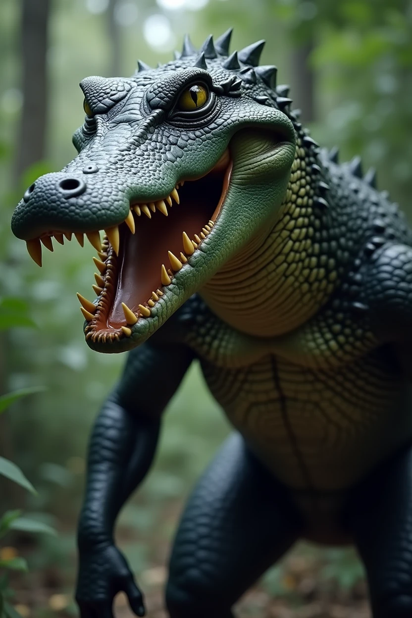 Create a realistic image of the Colombian myth of the alligator man