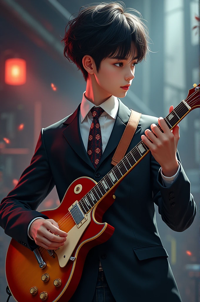 A teenager playing guitar with a Michi tie and a suit 