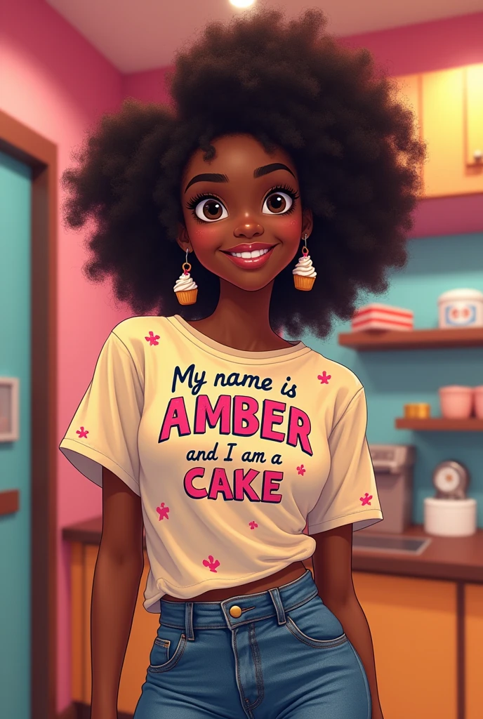 Generate a black girl with clothes that say "My name is Amber and I am a cake"