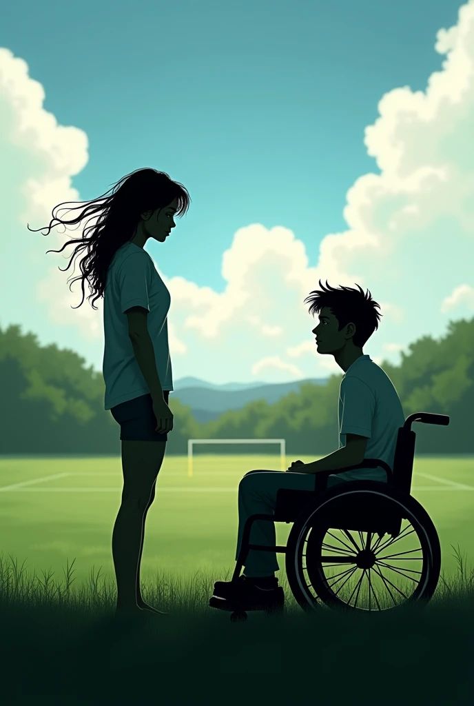 L'ombre en NOIR d'une jeune femme avec les cheveux détaches d'un jeune homme ayant le profil parfait en fauteuil roulant et qui se regardent sur un terrain de foot et  fond un beau ciel