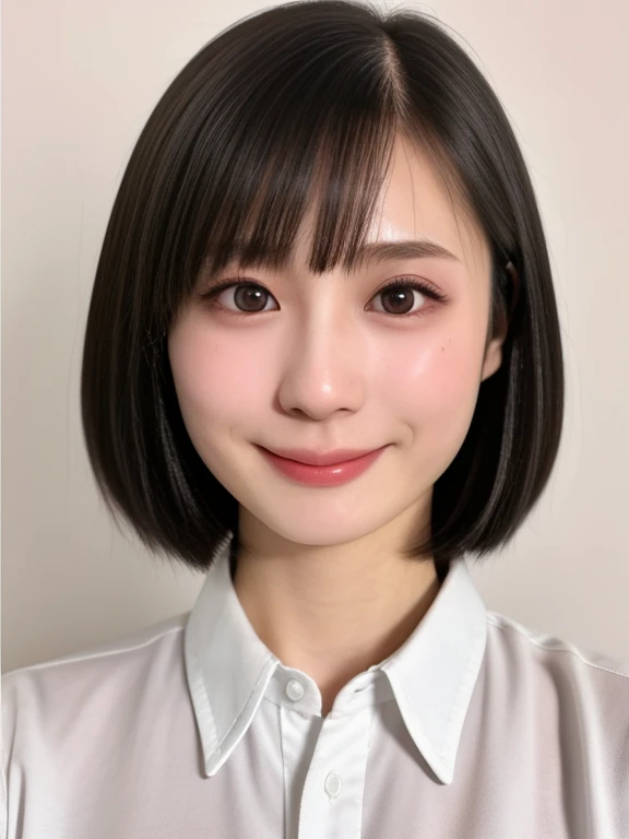 NSFW, (kawaii 18 year-old Japanese girl, Nogizaka idol, Korean idol), healthy female athlete body, (glossy black hair, short hair, pixie cut, bangs:1.3), (rounded face, pure black eyes, single eyelid, no makeup, splashing best smile:1.2), (collared white shirt unbuttoned:1.3), creavage, extra small breasts, plaid skirt, BREAK, (plain white background:1.3), (dynamic angle, bust shot:1.2), BREAK, (masterpiece, best quality, photo realistic, official art:1.4), (UHD, 8K quality wallpaper, high resolution, raw photo, golden ratio:1.3), (shiny skin), professional lighting, physically based rendering, award winning, (highly detailed skin, extremely detailed face and eyes), Carl Zeiss 85 mm F/1.4, depth of field, 1girl, solo,