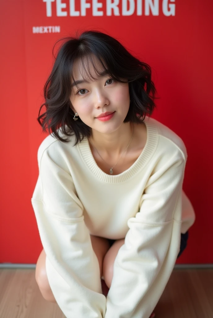 No trespassing poster, "Attention Too Many Cute Girls, DO NOT ENTER", On Photo-Picture of Professional photo-realistic images, (red background), (No bra and wearing a loose white pullover) A cute Japanese woman with fluffy short hair 20 years old, she is crouching, leaning forward, and placing her hands on her knees. the pullover collar is dangle down from chest, her breasts and nipples are glimpse from the gap, She looks at me and blushes with a shy smile.　Composition from directly above, nsfw,