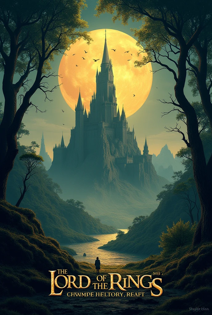 Create a 'Lord of the Rings' themed discount inspired image. Include iconic elements such as the Tower of Barad-dûr, the One Ring and a Rivendell landscape. Add eye-catching text: 'Epic Deals on Shopee! Discover magical discounts and unmissable promotions! ' Use a color palette that evokes a medieval and mystical environment. Include details that evoke the grandeur and adventure of Tolkien's world., combined with discount and promotion symbols.