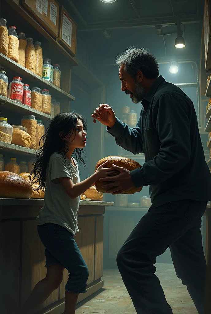 A 12-year-old girl with long hair stealing bread from a store and the owner of the bread wanting to hit her so the owner hits her