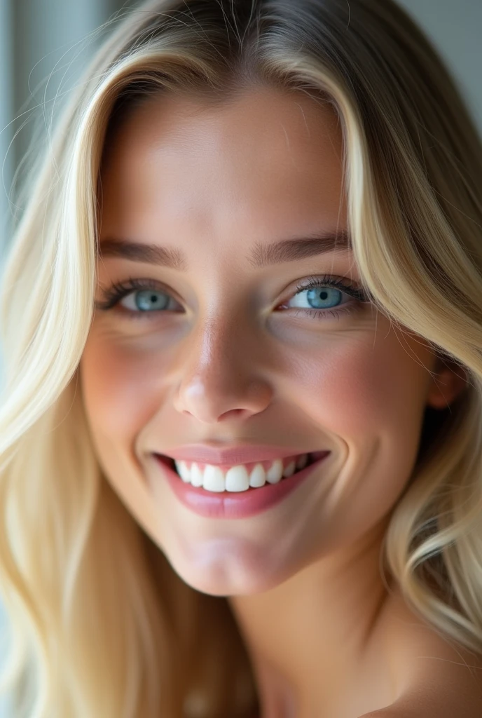 Create a very beautiful blonde girl with blue eyes and a beautiful smile, very smooth skin and beautiful, big eyes.