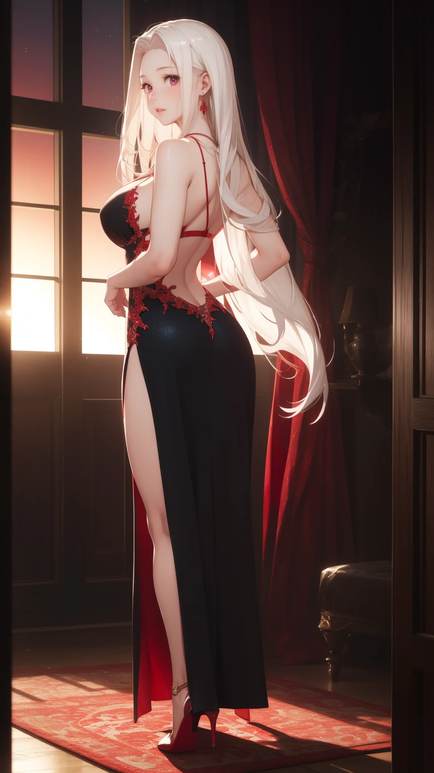 1girl, Irisviel von Einzbern, seductive, solo, long hair, looking at viewer, blush, bangs, (gigantic_breasts), (hanging breasts), (red eyes), cleavage, standing, very long hair, closed mouth, collarbone, white hair, thighs, earrings, indoors, necklace, black dress, red lips, parted bangs,((One-Sided Long Slit Evening Dress)), stiletto pumps, Full-Body Shot, view from behind.